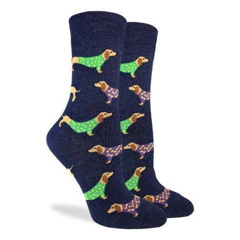 Good Luck Sock Women's Crew Socks - Blue Wiener Dog - FreeShippingAllOrders.com